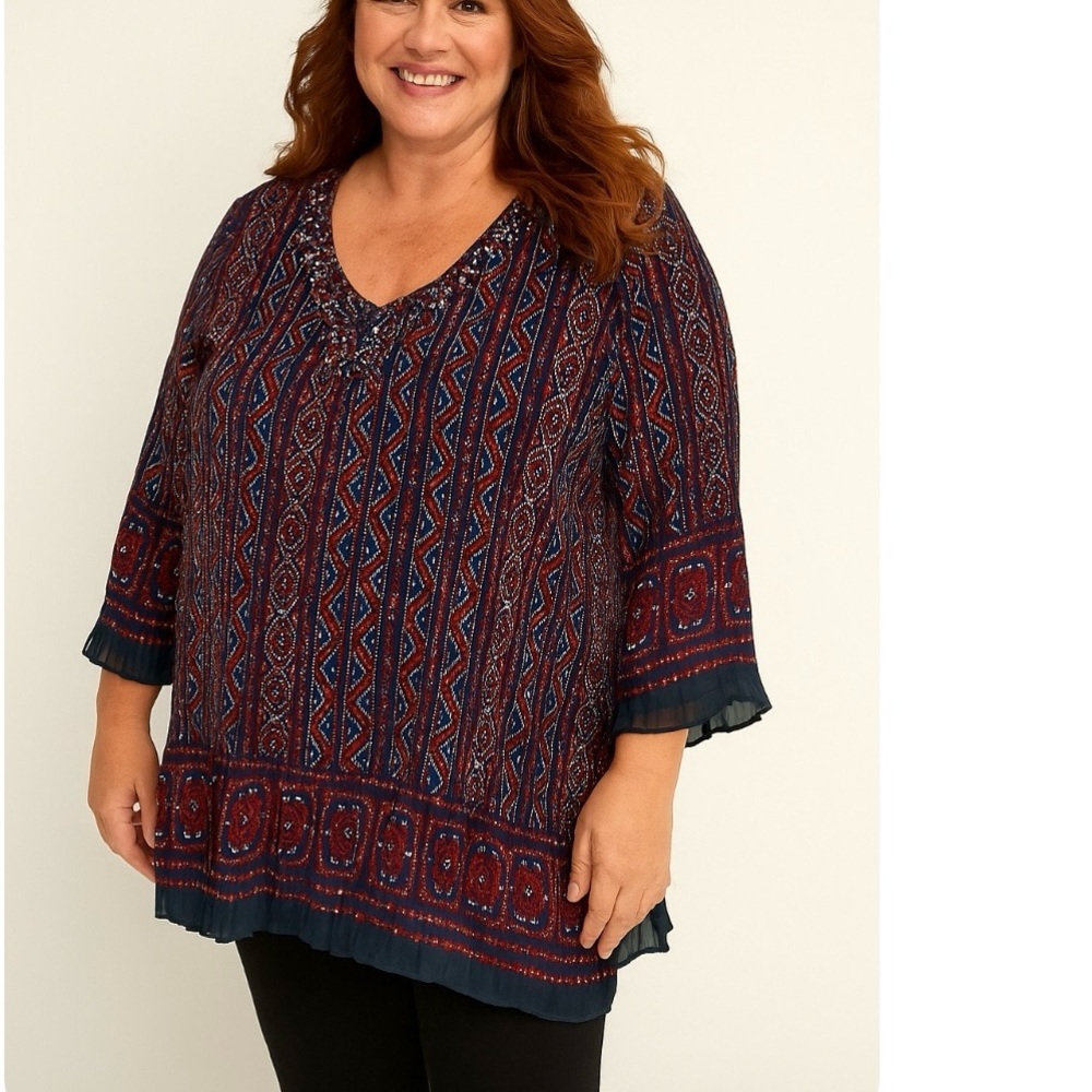 Catherines Red Blue Lace Up Rhinestone Bell Sleeve Crinkle Pleat Blouse Size 4X